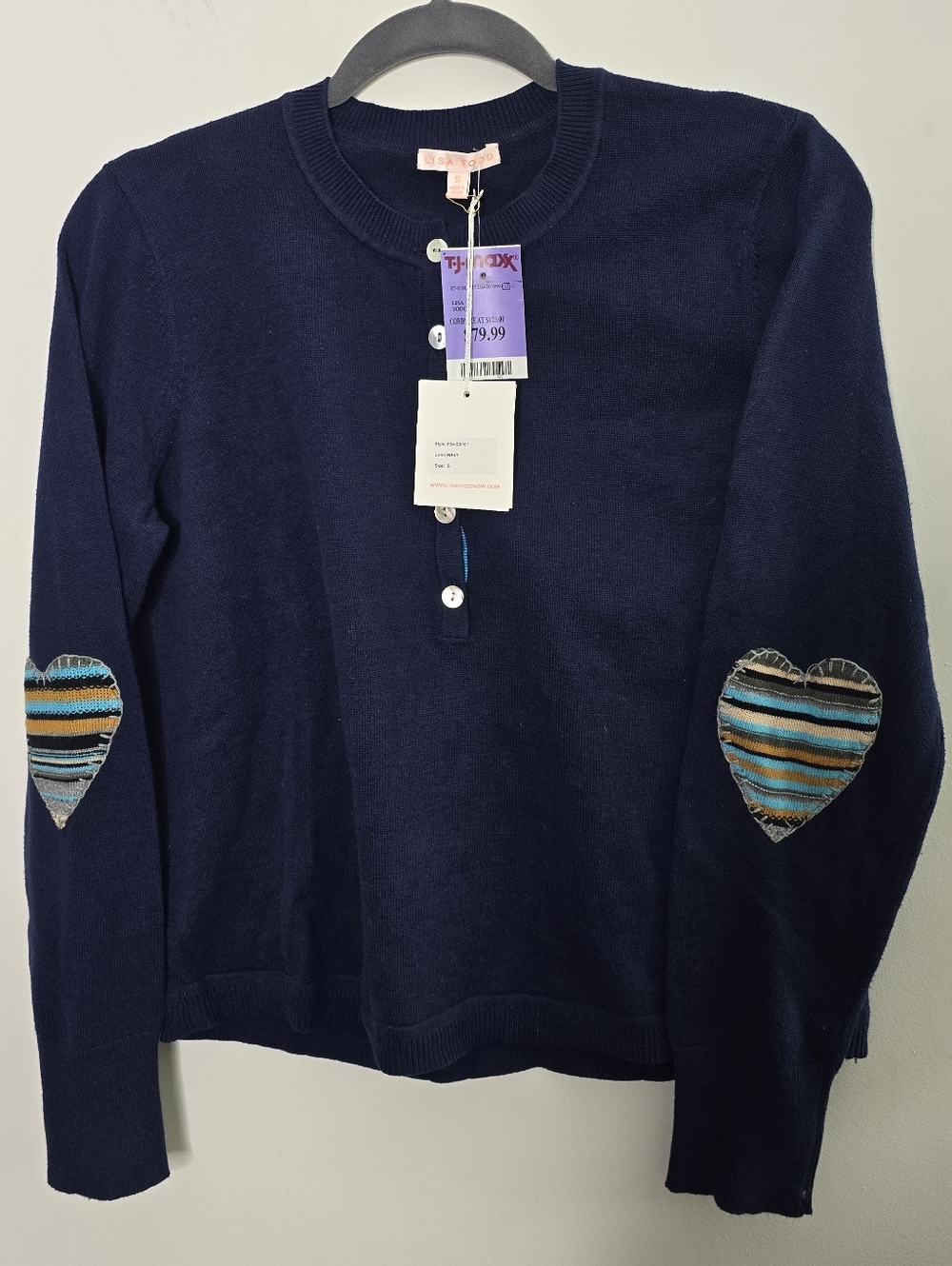 Lisa Todd Sweater Navy Heart Elbow Patch Cotton Crewneck Sweater Knit Women Smal